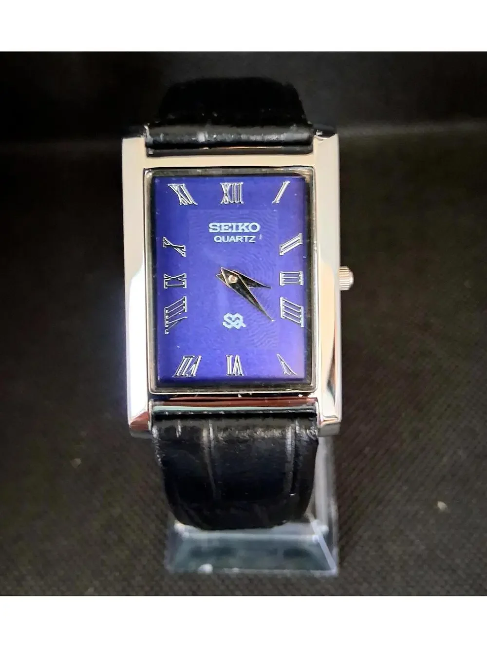 Men's Vintage Blue and Silver Tank Leather Watch RARE